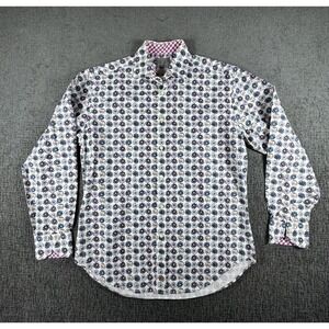 Thomas Dean Button Up Long Sleeve White Floral Shirt Mens Medium